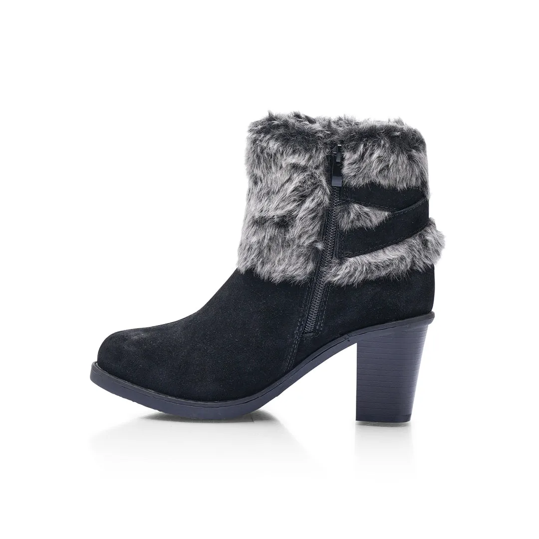 Liberty22 Wide Fit Women's Faux Fur Trim and Buckle Detail Suede Ankle Boot with Inside Zip Fastening and Heeled Design