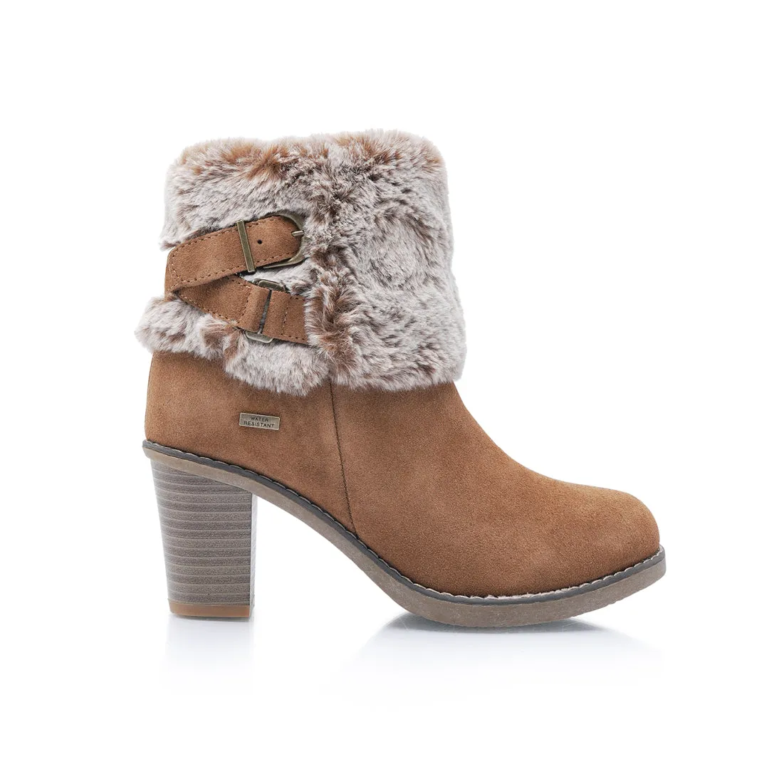 Liberty22 Wide Fit Women's Faux Fur Trim and Buckle Detail Suede Ankle Boot with Inside Zip Fastening and Heeled Design