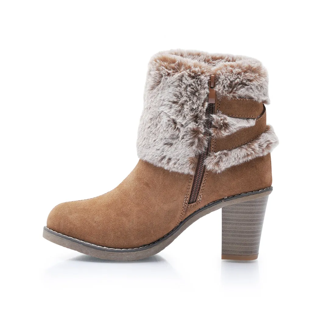 Liberty22 Wide Fit Women's Faux Fur Trim and Buckle Detail Suede Ankle Boot with Inside Zip Fastening and Heeled Design