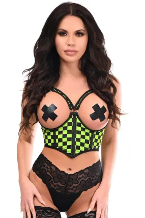 Lime Green Checkerboard Underwire Open Cup Lycra Waist Cincher with Criss Cross Back