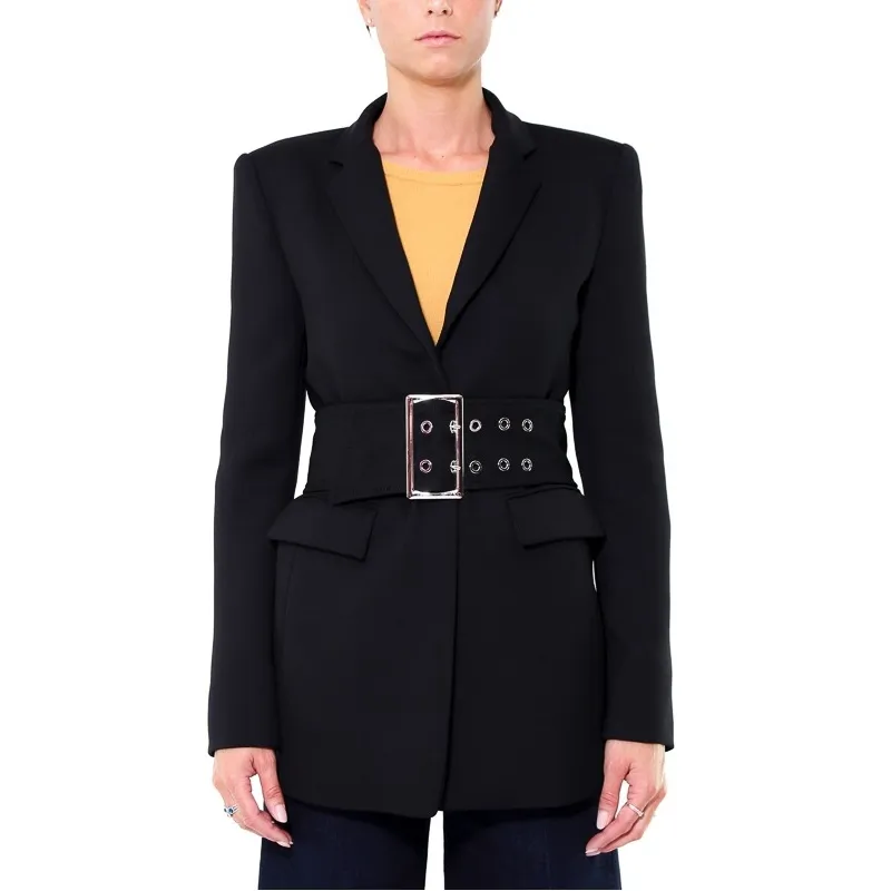 Long blazer with belt in twill, black