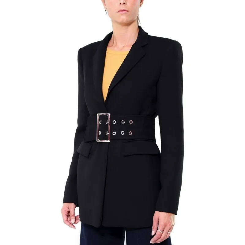 Long blazer with belt in twill, black