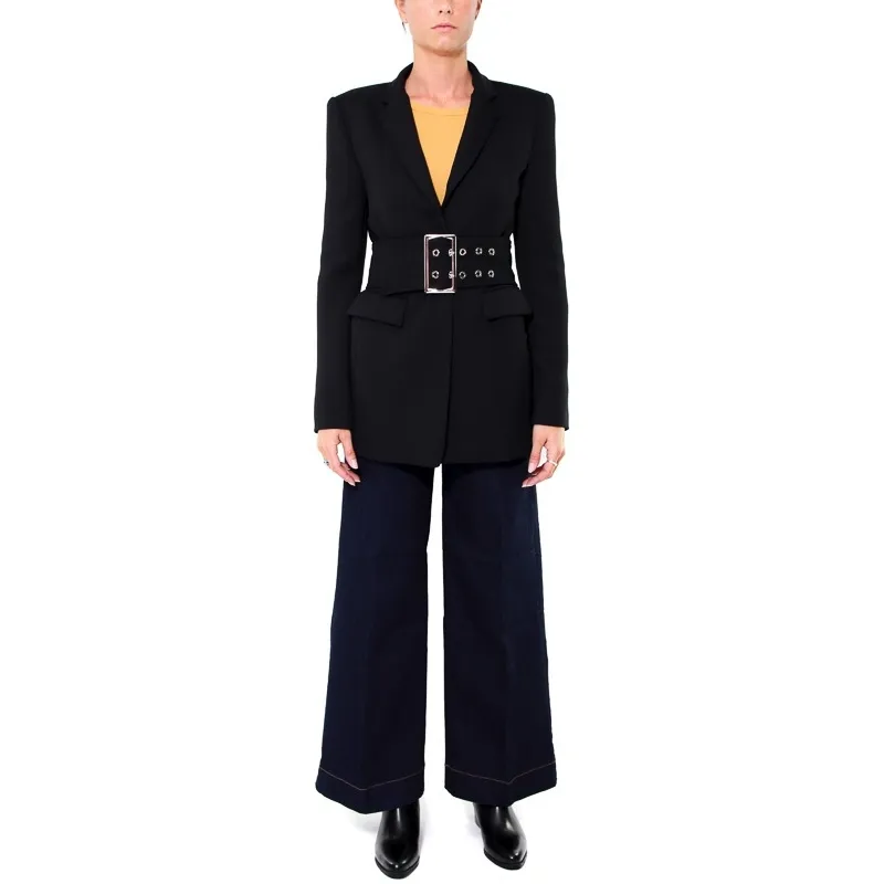 Long blazer with belt in twill, black