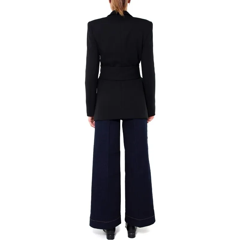 Long blazer with belt in twill, black