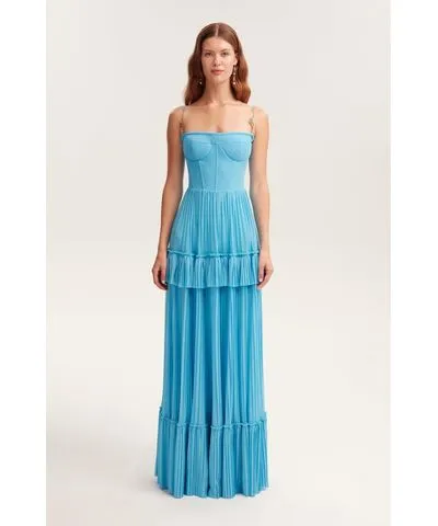 Milla Women's Sky-Blue Spaghetti Strap Pleated Maxi Dress