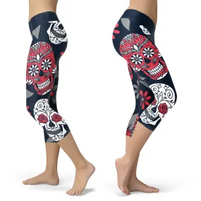 Navy and red sugar skull capris.