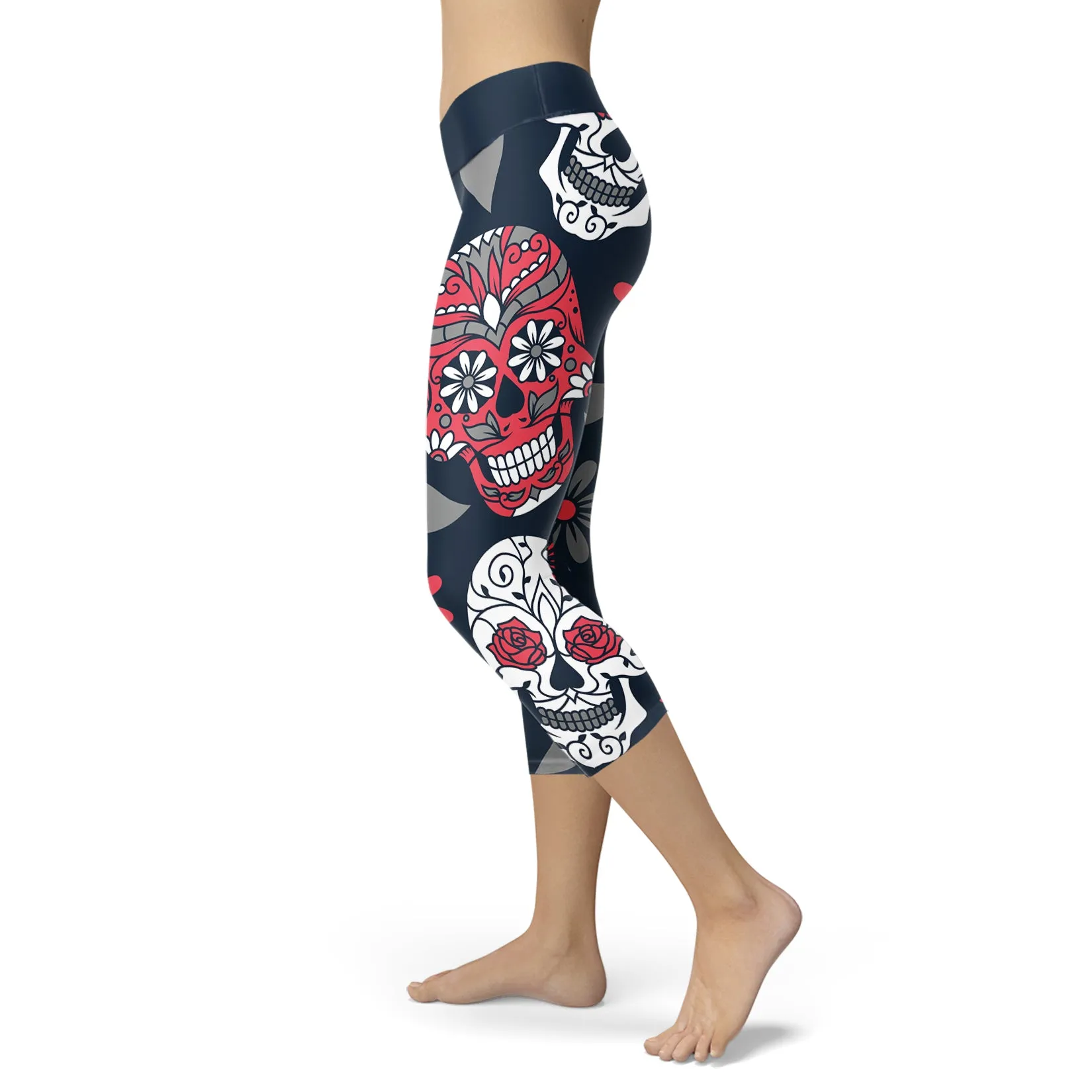 Navy and red sugar skull capris.