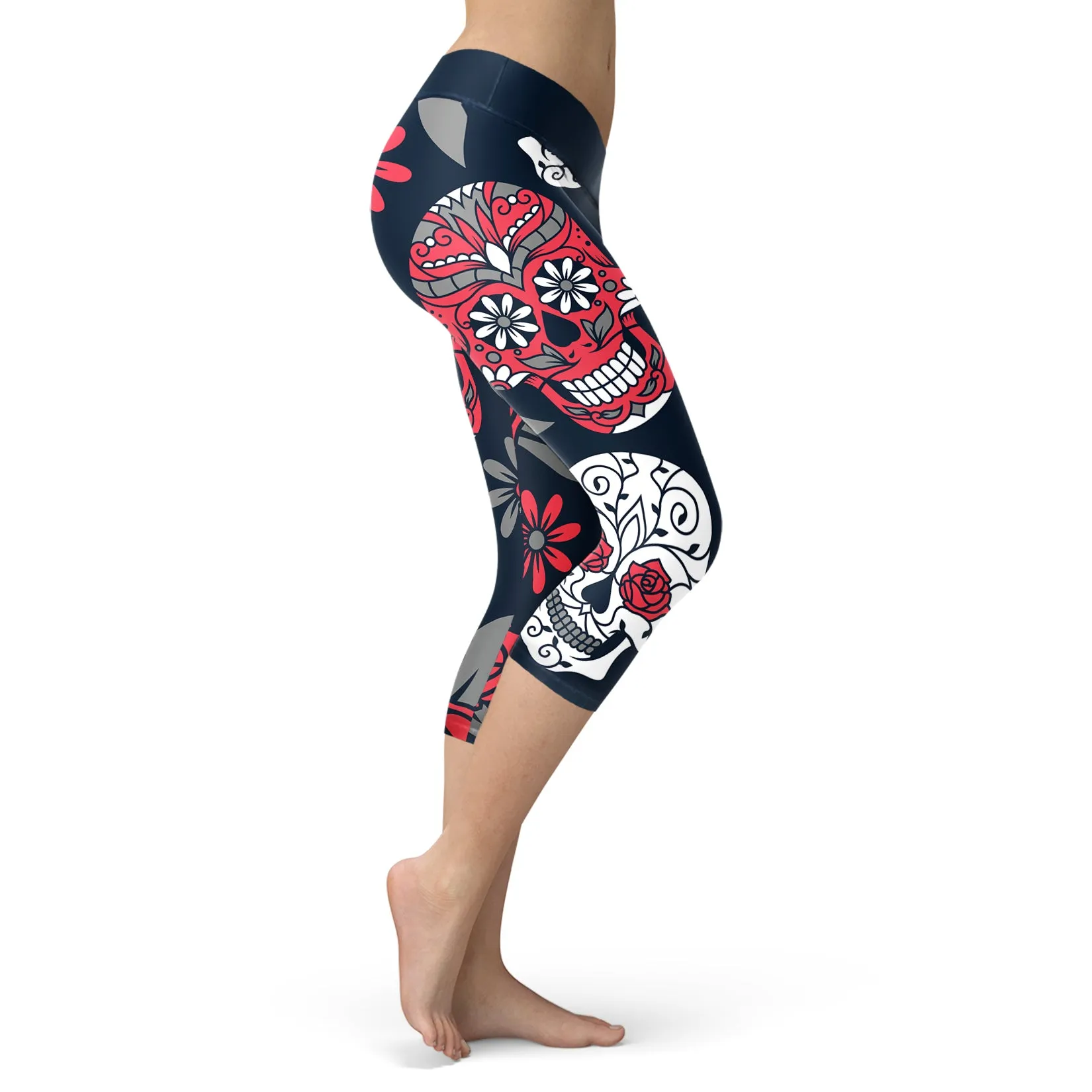 Navy and red sugar skull capris.