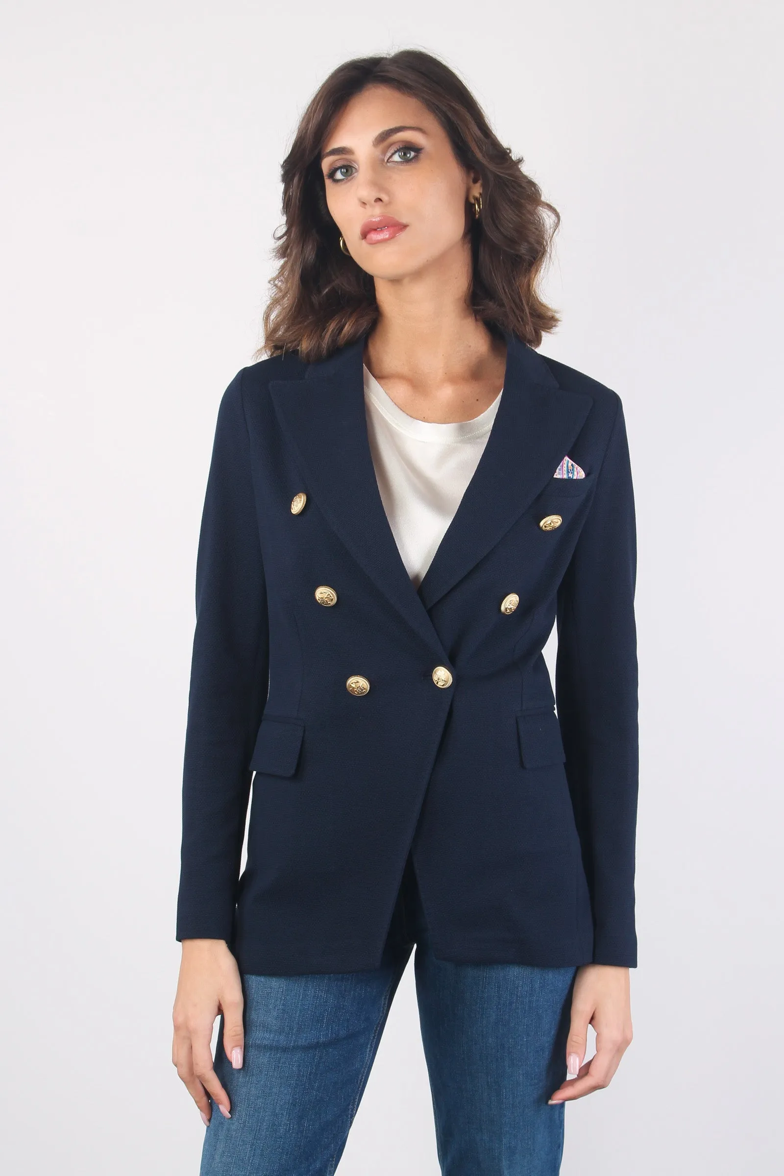 Navy Blue Piquet Double-breasted Jacket