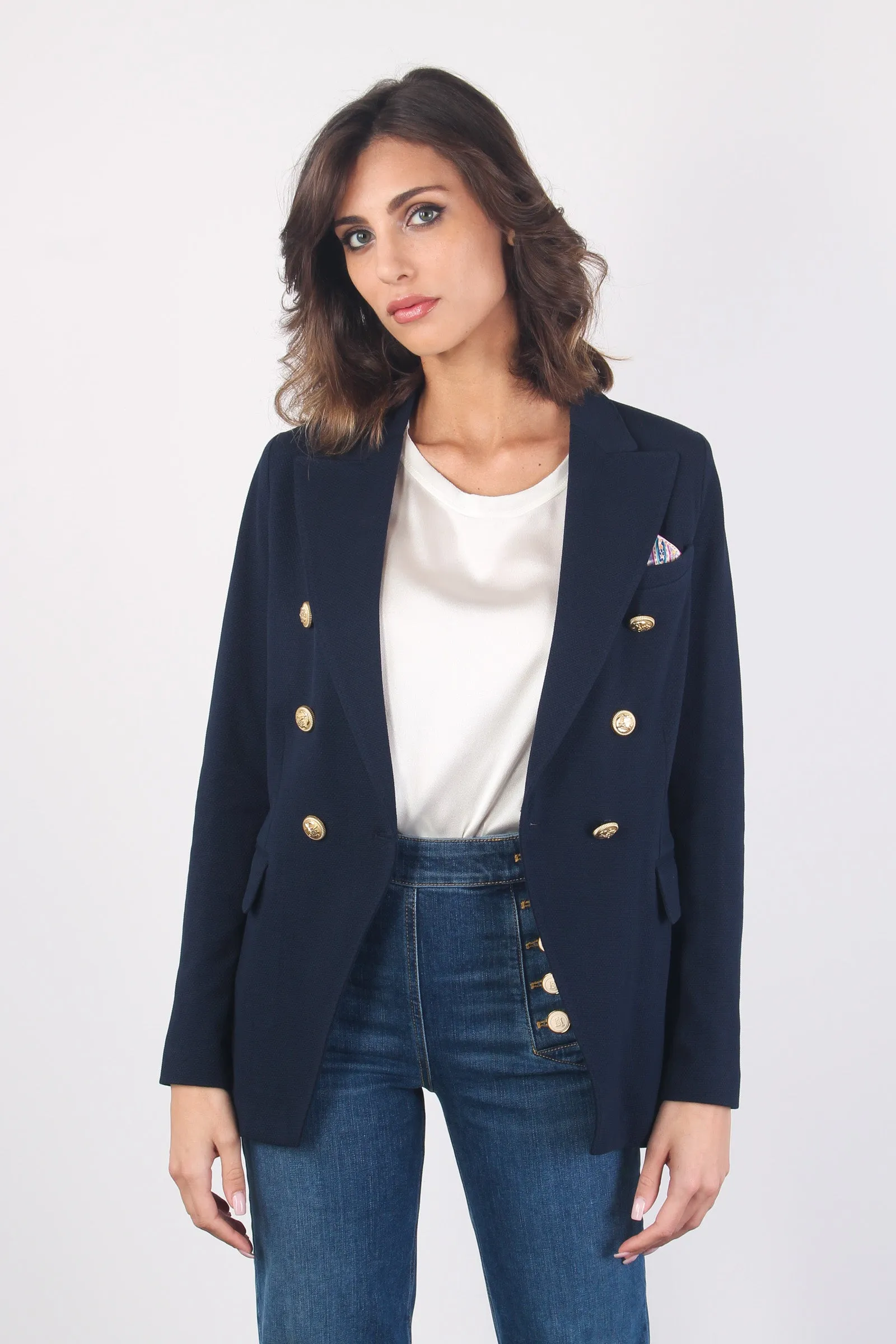 Navy Blue Piquet Double-breasted Jacket