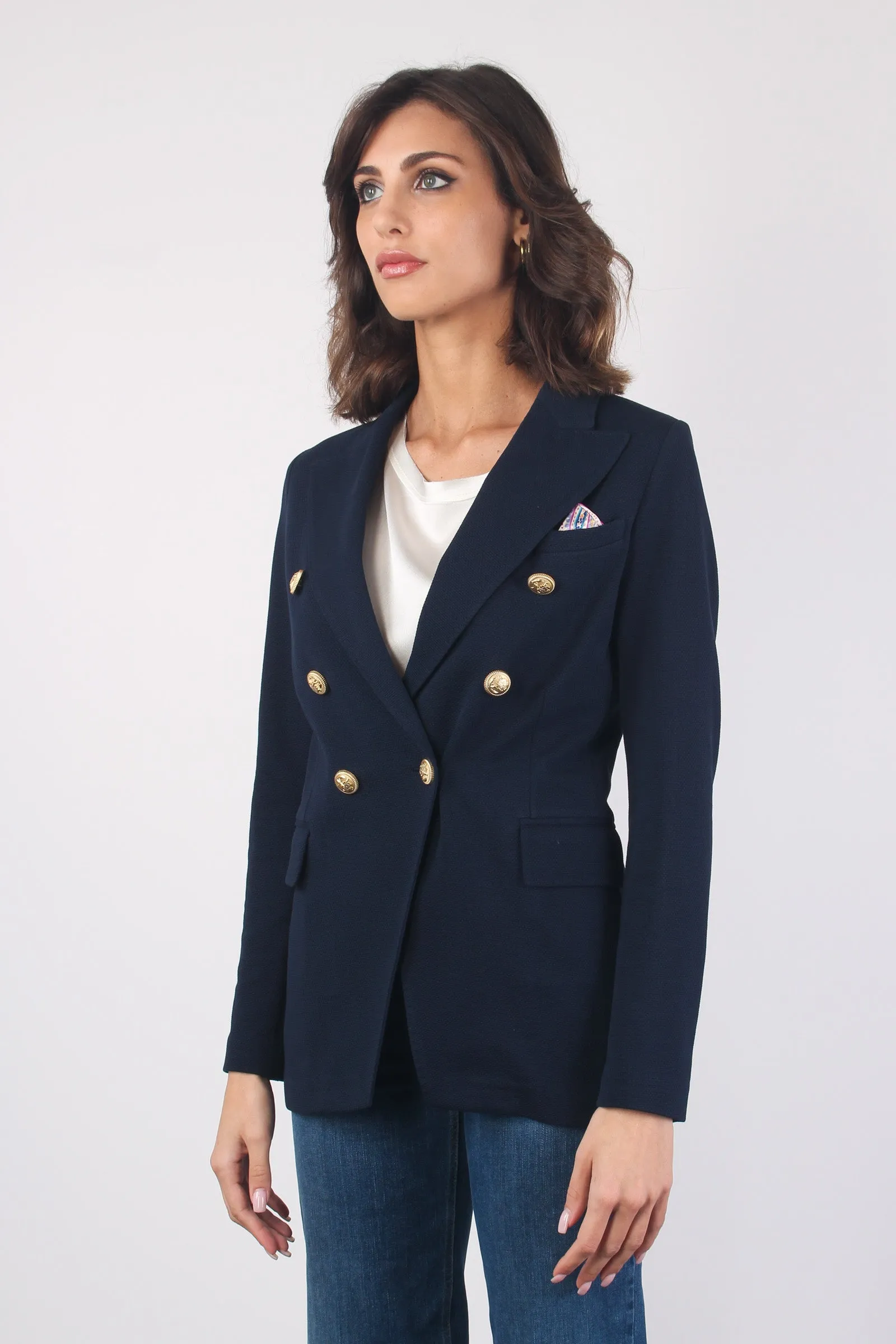 Navy Blue Piquet Double-breasted Jacket