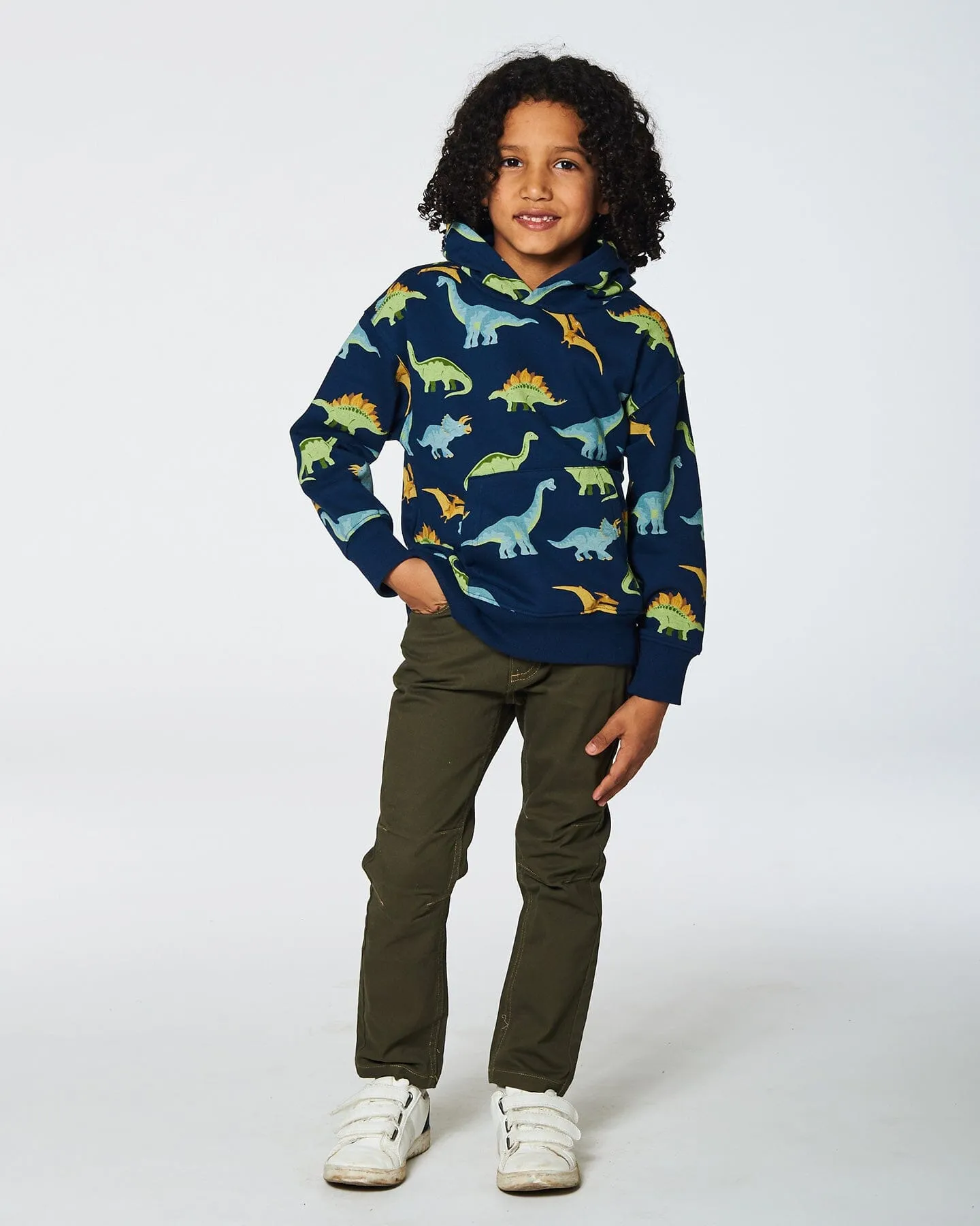 Printed Dino Fleece Hooded Sweatshirt Navy