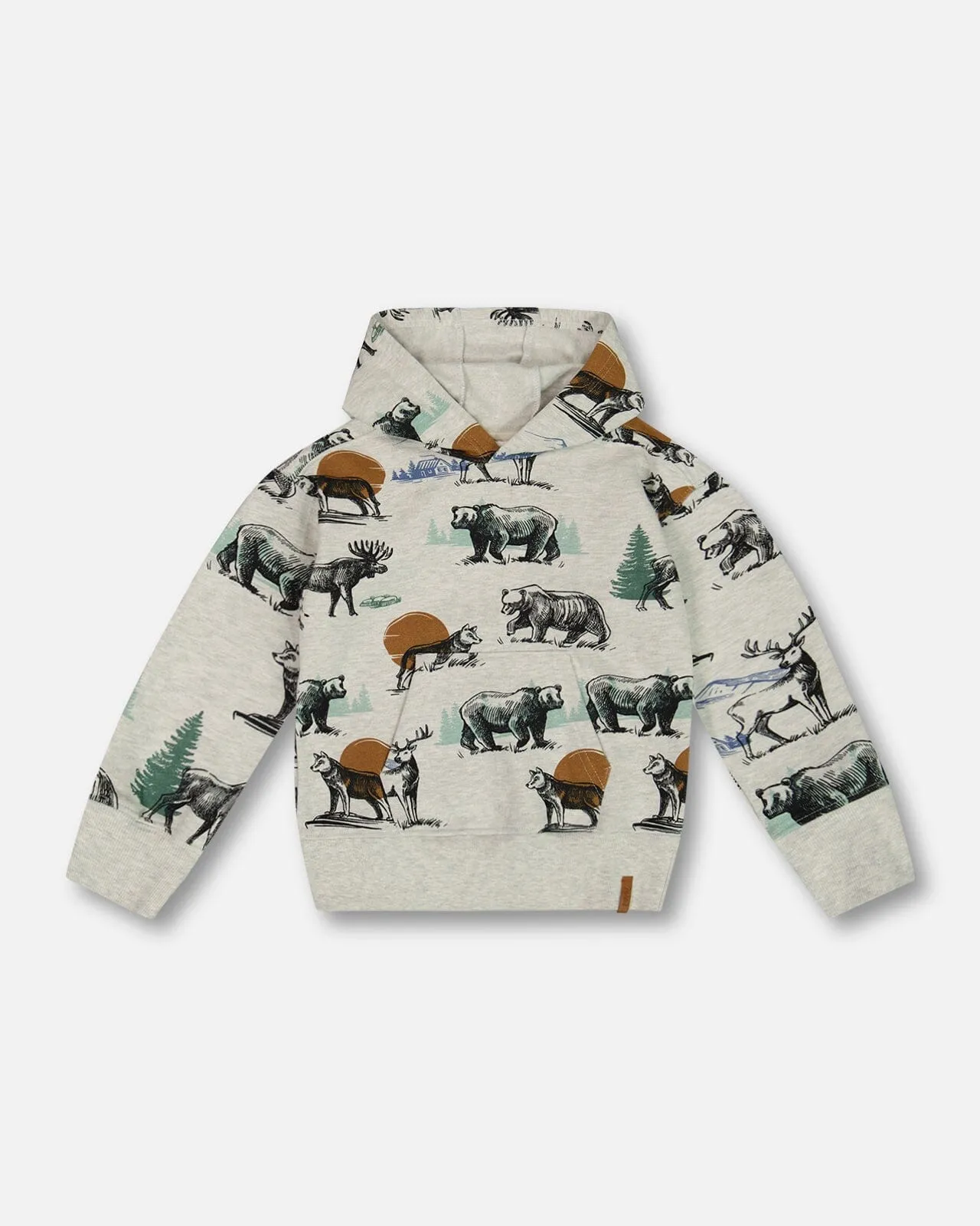 Printed Forest Animals Fleece Hooded Sweatshirt Gray Mix