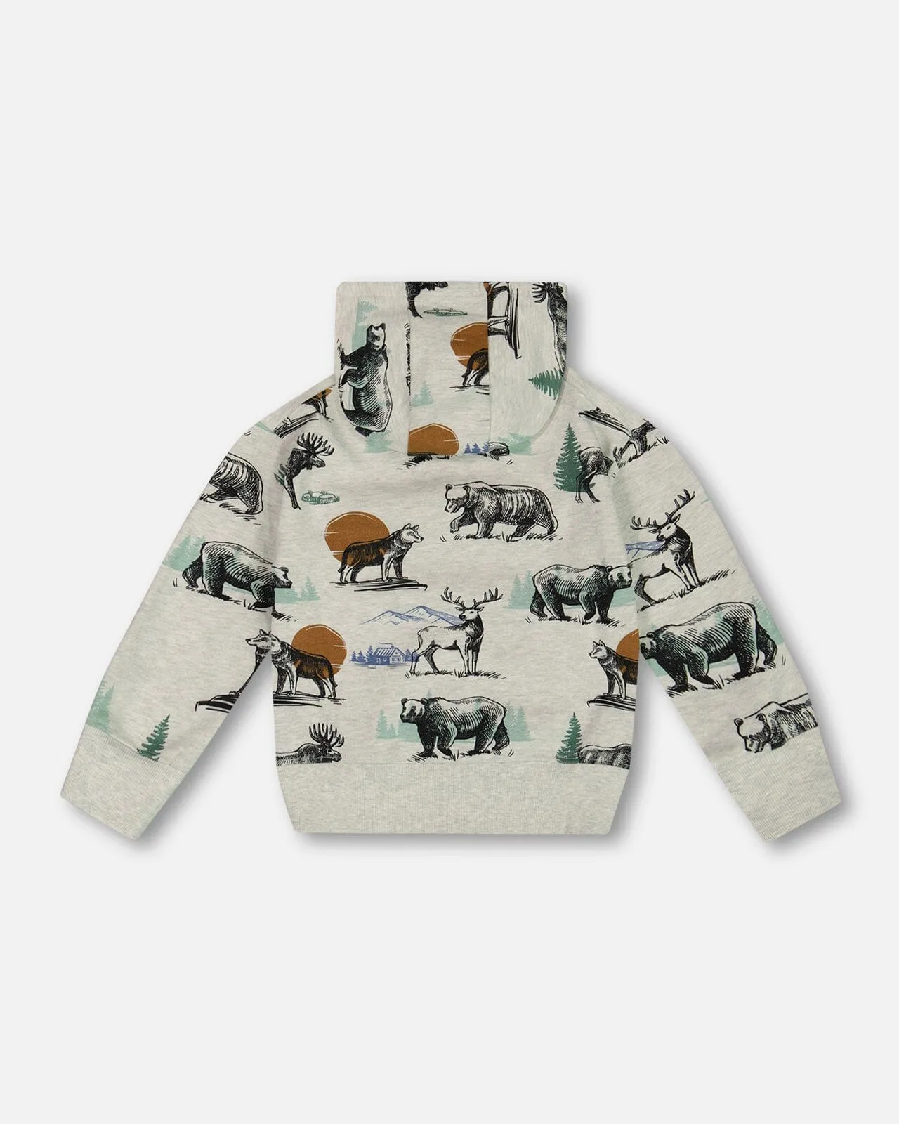 Printed Forest Animals Fleece Hooded Sweatshirt Gray Mix