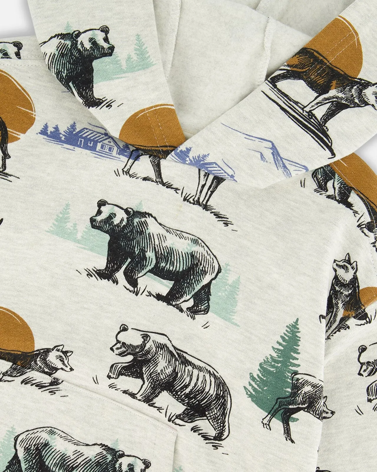 Printed Forest Animals Fleece Hooded Sweatshirt Gray Mix