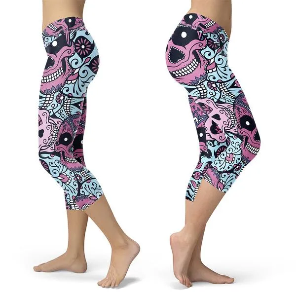 Purple and baby blue sugar skull capris.