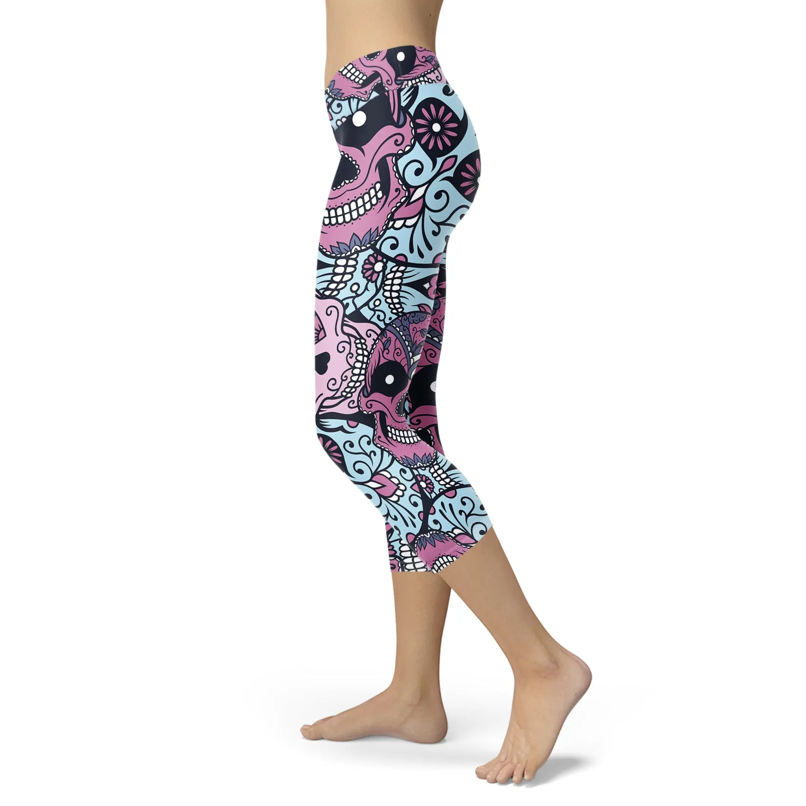 Purple and baby blue sugar skull capris.