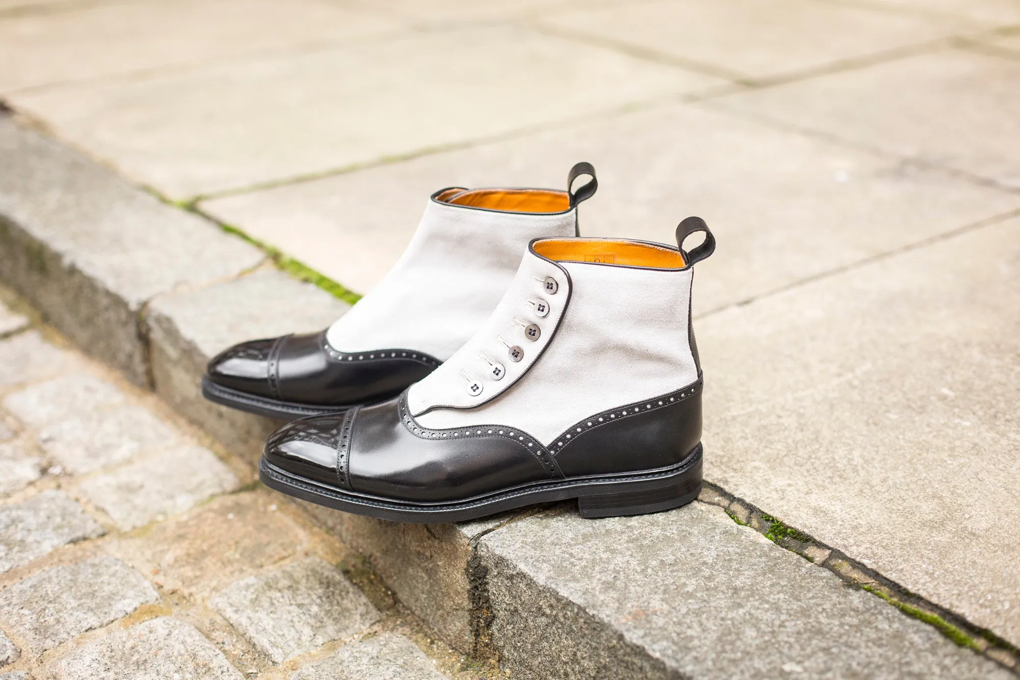 Puyallup shoes - MTO - black calf/pearl suede - NGT last - country rubber sole with stormwelt - MOP buttons