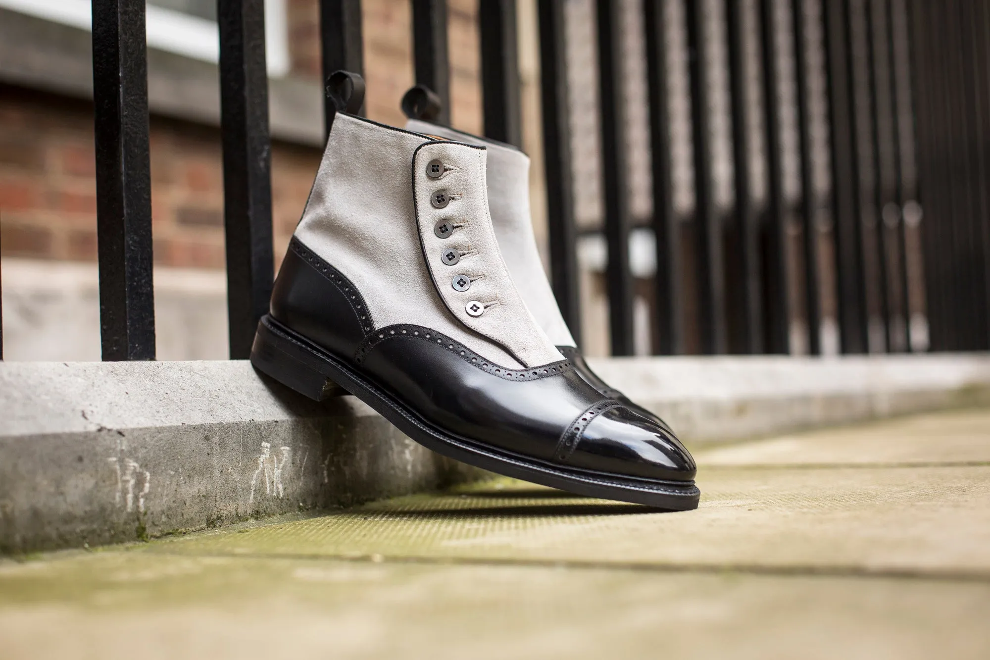 Puyallup shoes - MTO - black calf/pearl suede - NGT last - country rubber sole with stormwelt - MOP buttons