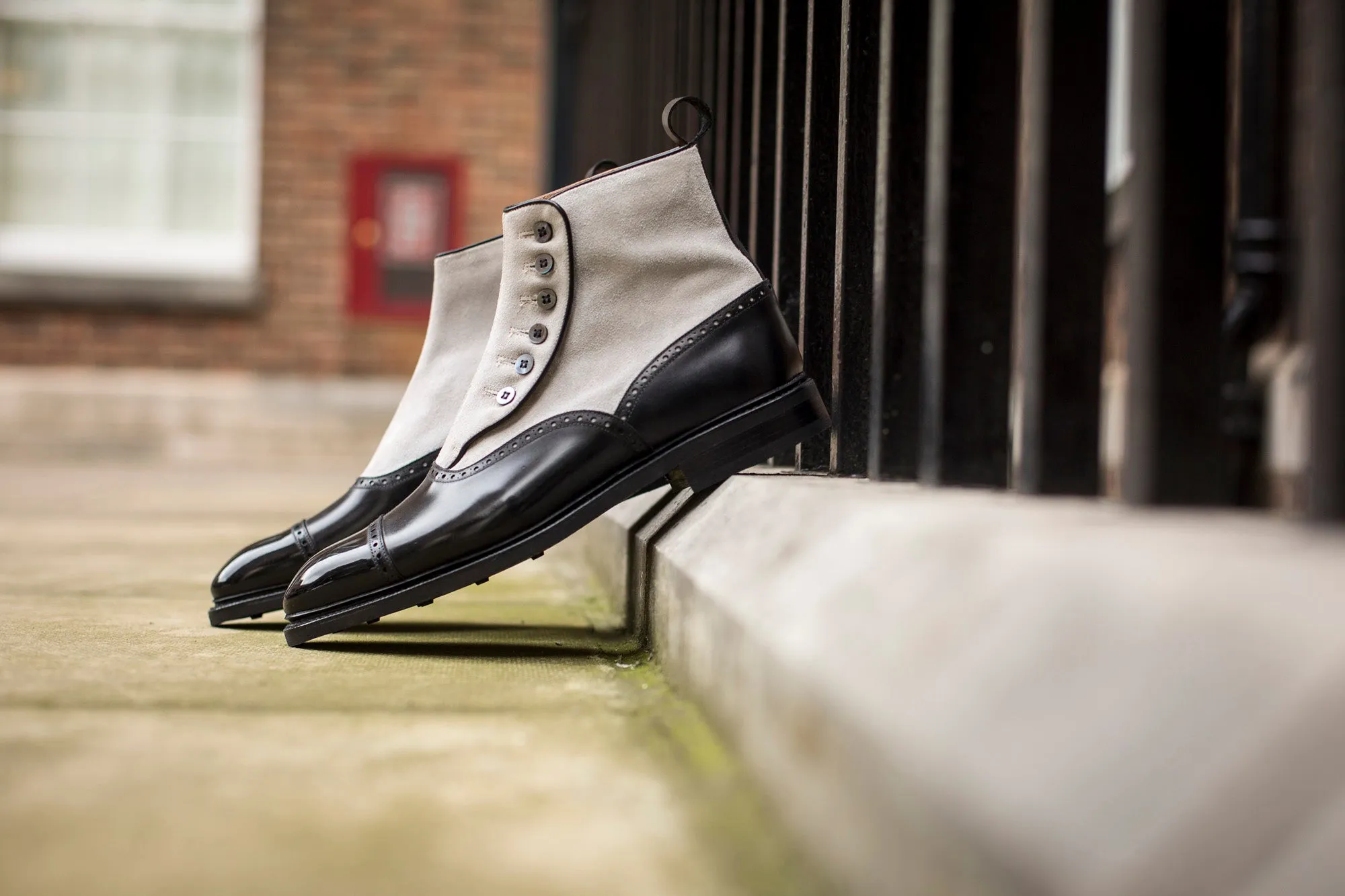 Puyallup shoes - MTO - black calf/pearl suede - NGT last - country rubber sole with stormwelt - MOP buttons