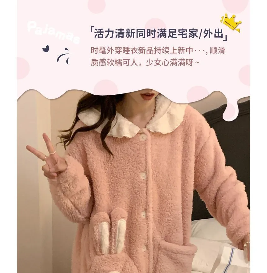 Rabbit ear hooded fleece robe pajama - OE16