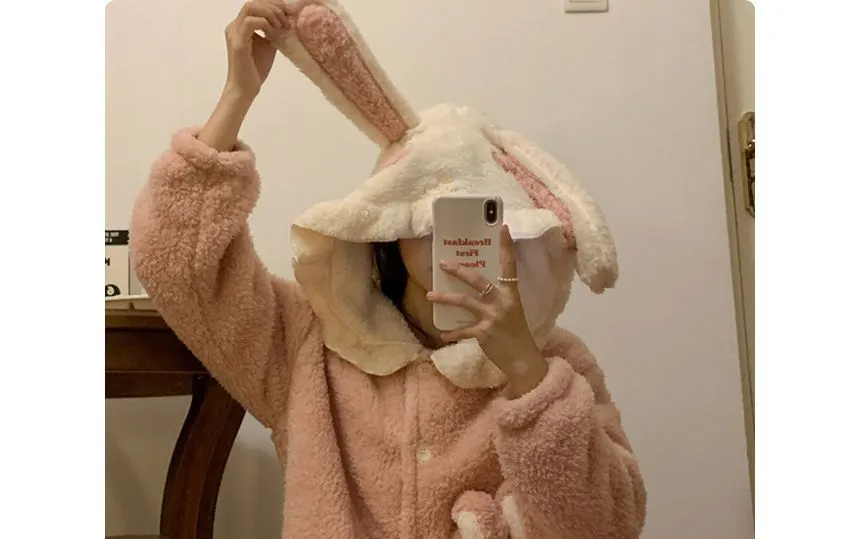 Rabbit ear hooded fleece robe pajama - OE16