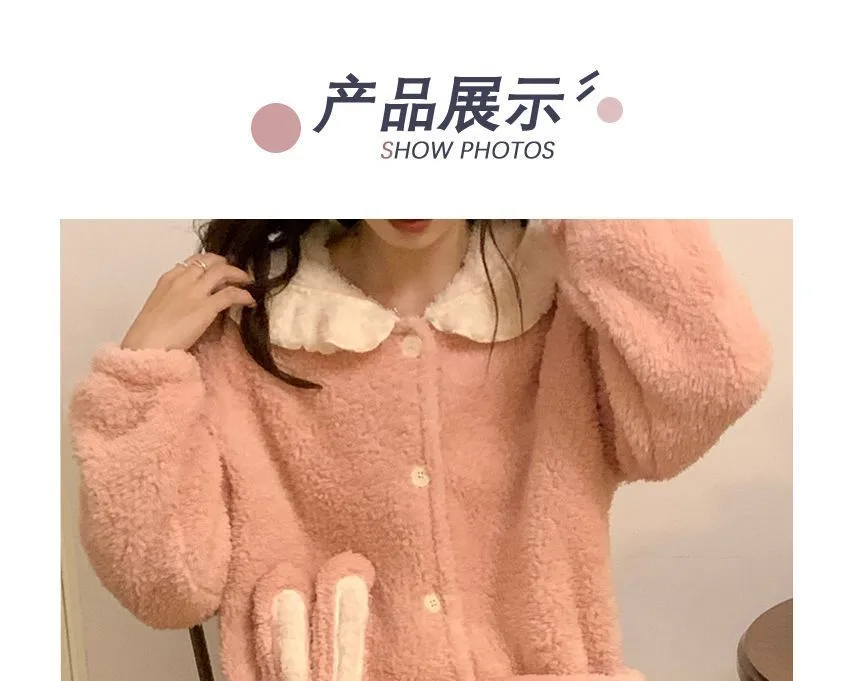 Rabbit ear hooded fleece robe pajama - OE16