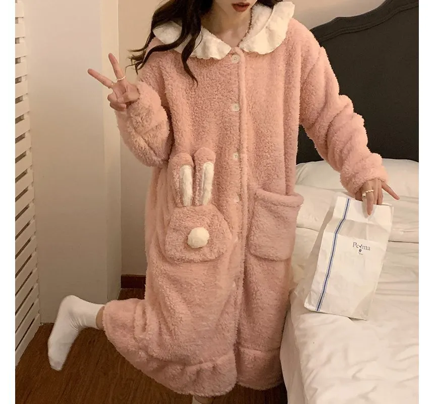 Rabbit ear hooded fleece robe pajama - OE16