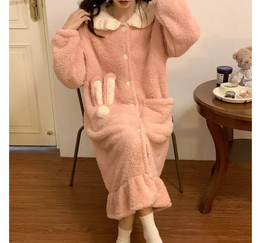 Rabbit ear hooded fleece robe pajama - OE16