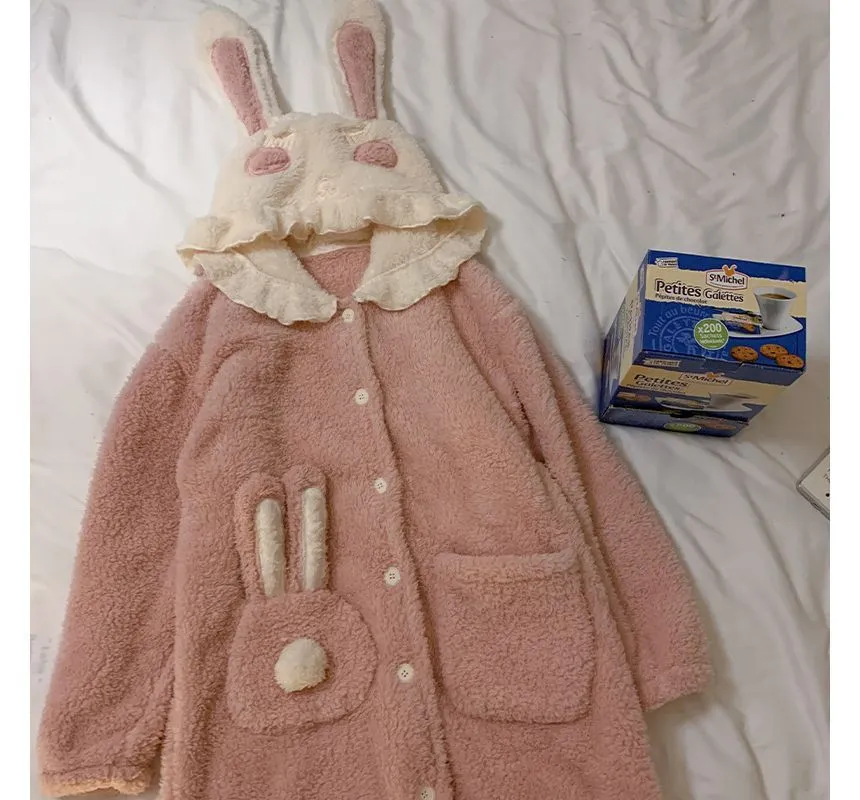 Rabbit ear hooded fleece robe pajama - OE16