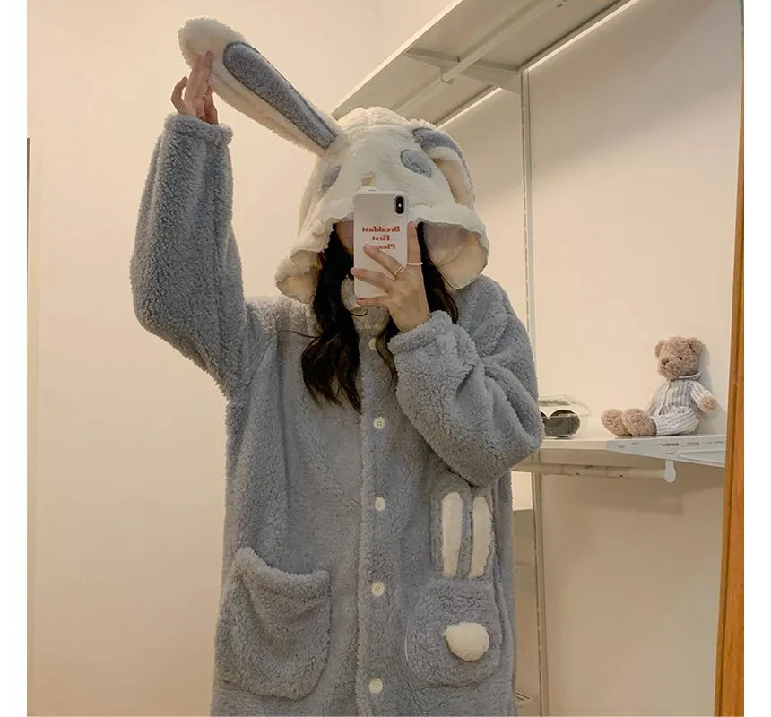 Rabbit ear hooded fleece robe pajama - OE16