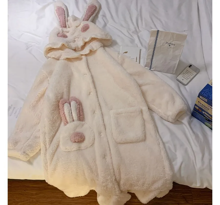 Rabbit ear hooded fleece robe pajama - OE16