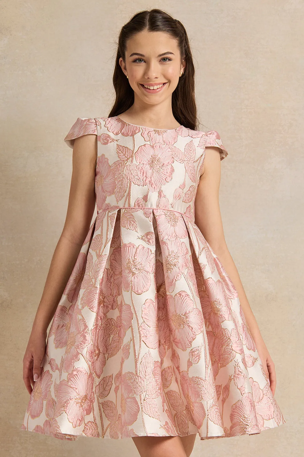 Senior Girls Pink And Gold Jacquard Dress