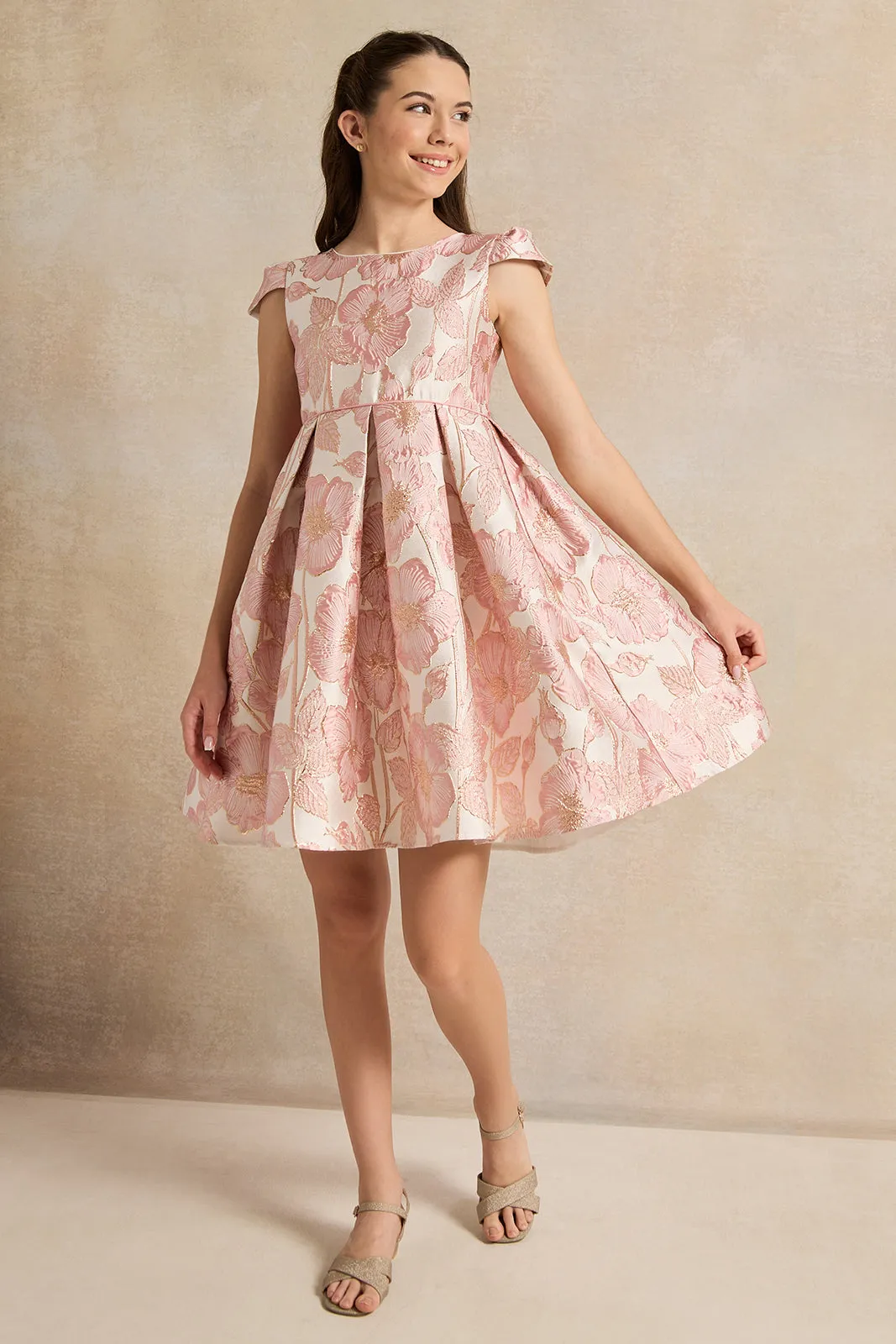 Senior Girls Pink And Gold Jacquard Dress