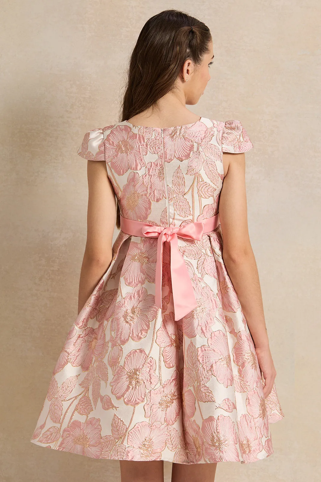 Senior Girls Pink And Gold Jacquard Dress