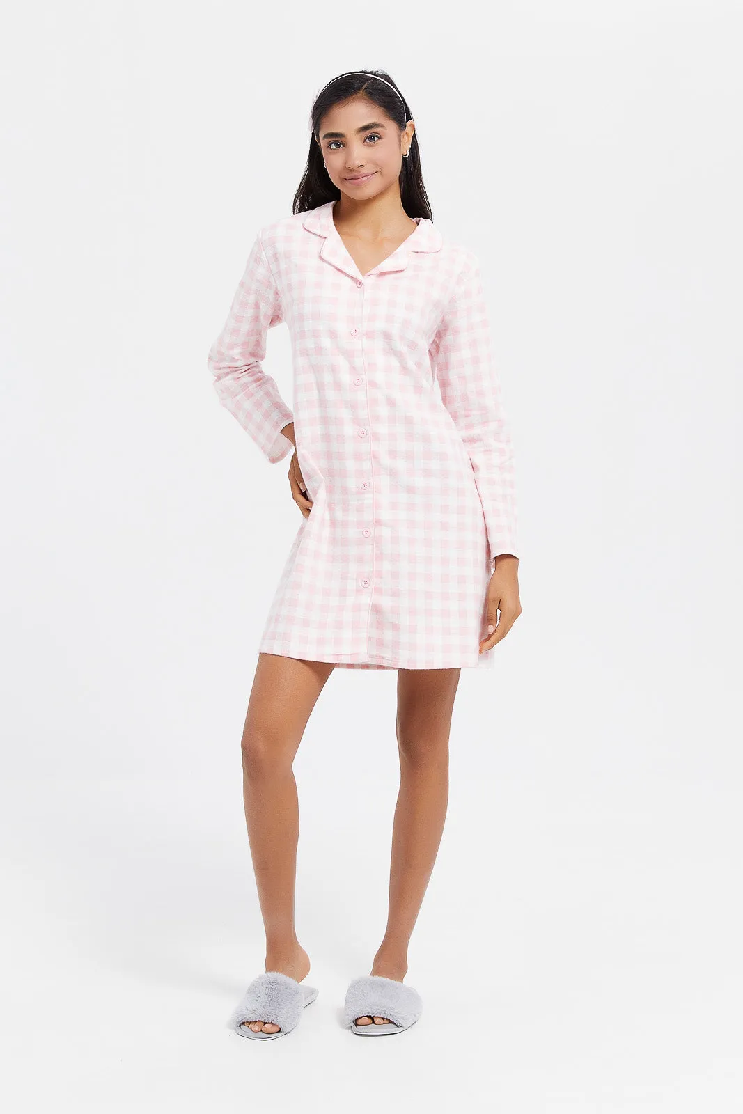 Senior Girls Pink Checkered Flannel Shirt Dress