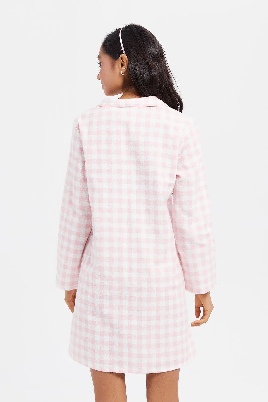 Senior Girls Pink Checkered Flannel Shirt Dress