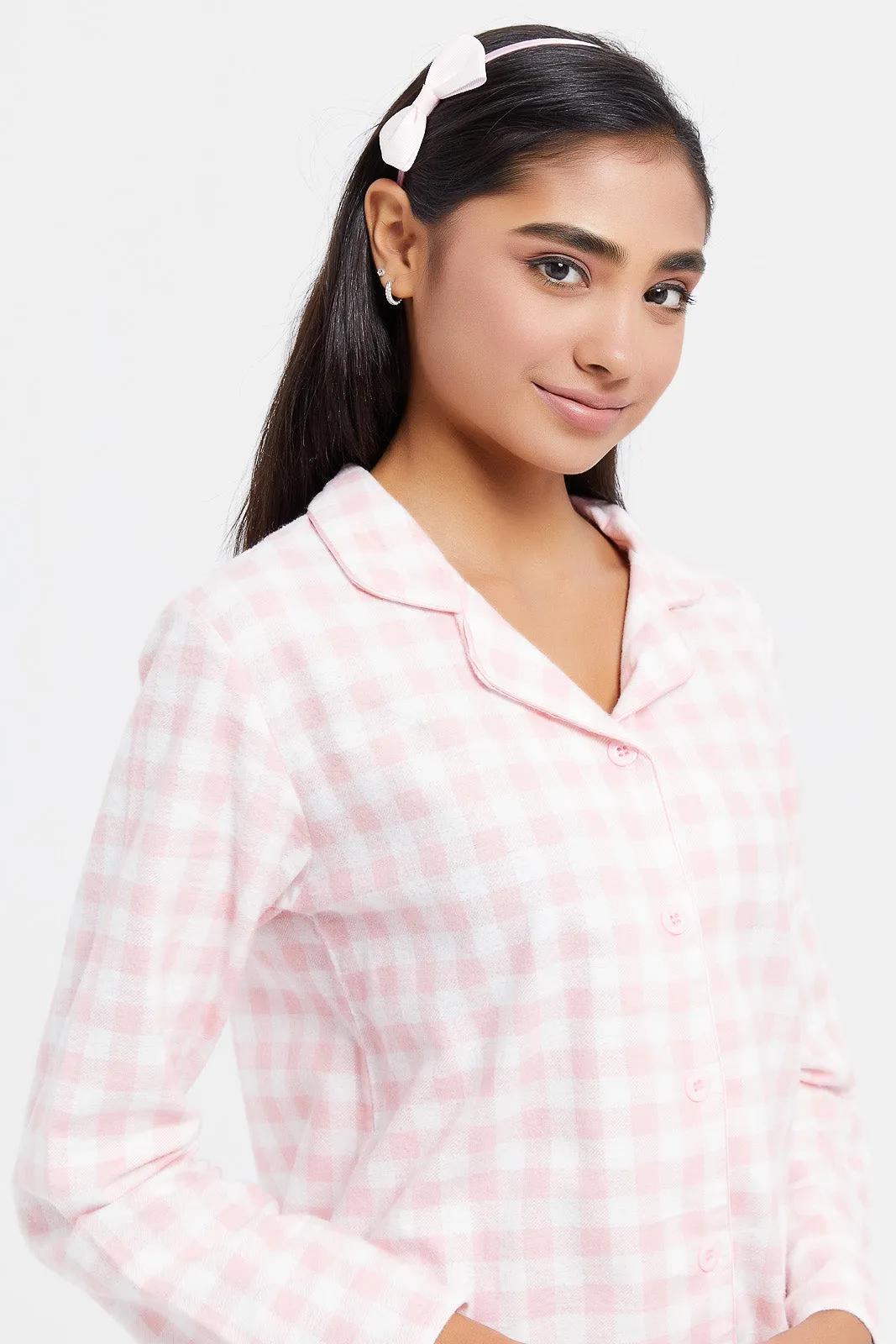 Senior Girls Pink Checkered Flannel Shirt Dress