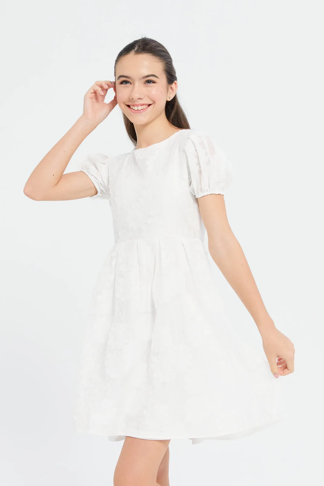 Senior Girls White Embellished Pleated Dress