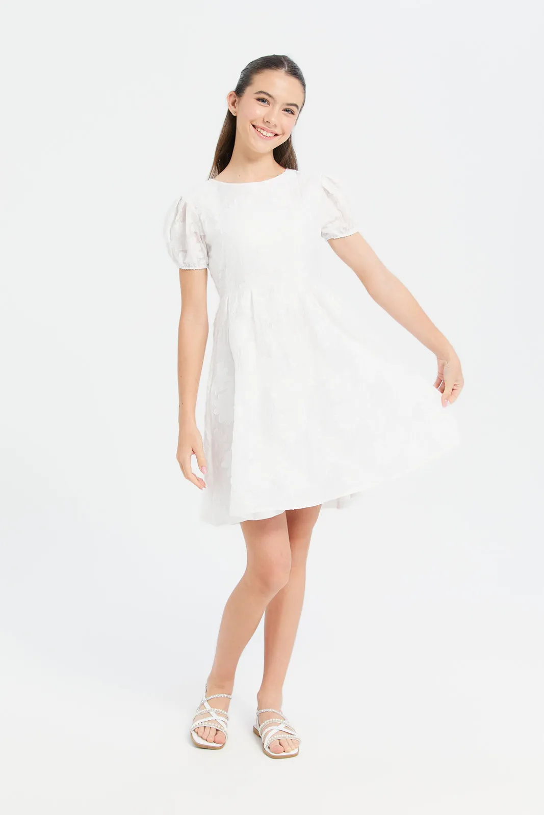 Senior Girls White Embellished Pleated Dress