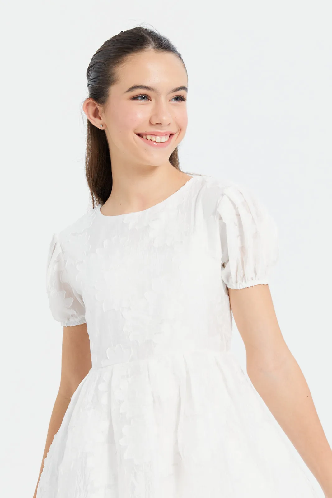 Senior Girls White Embellished Pleated Dress