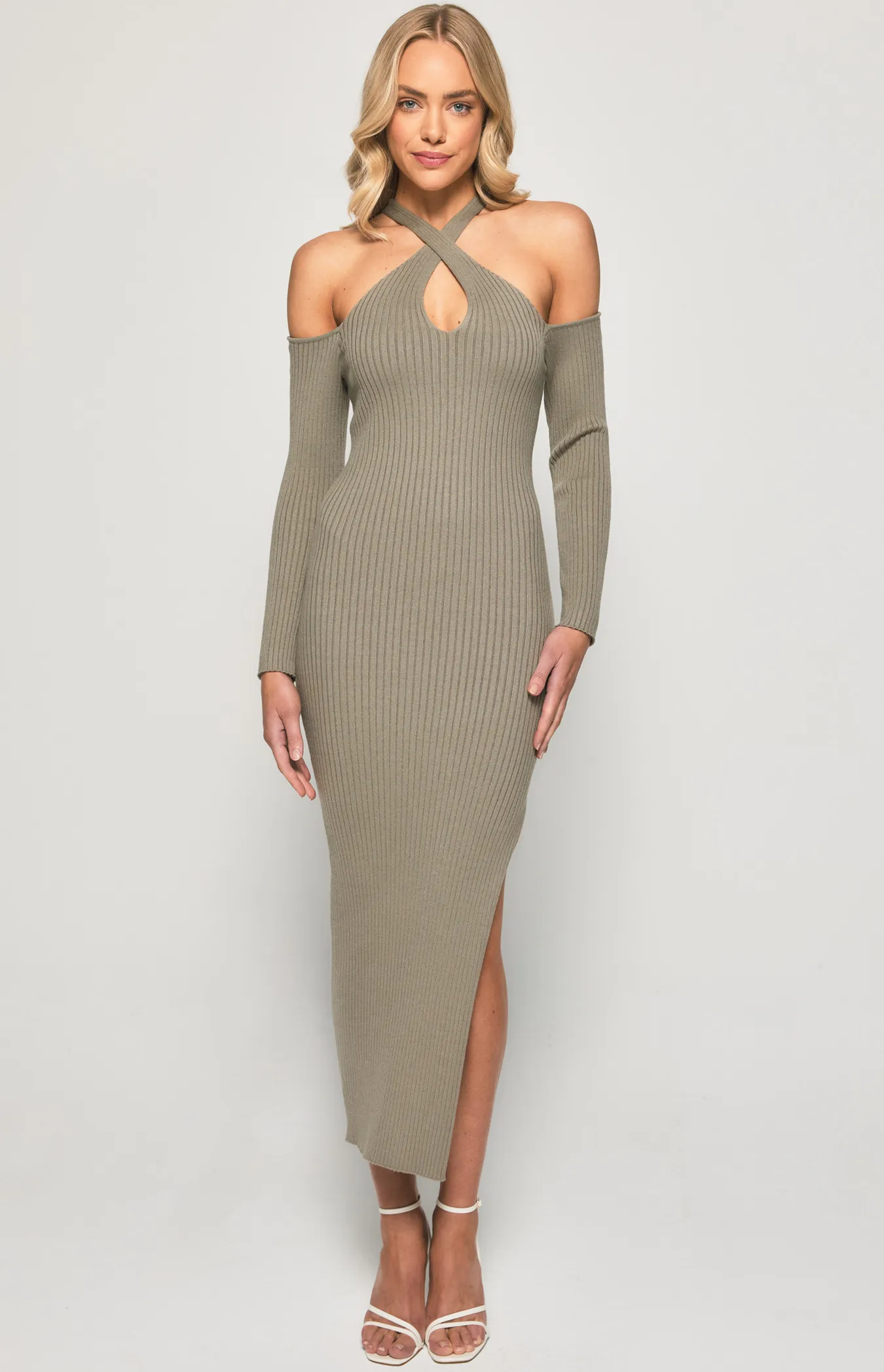 Shoulder Cut Out Halter Knit Midi Dress (SKN613)