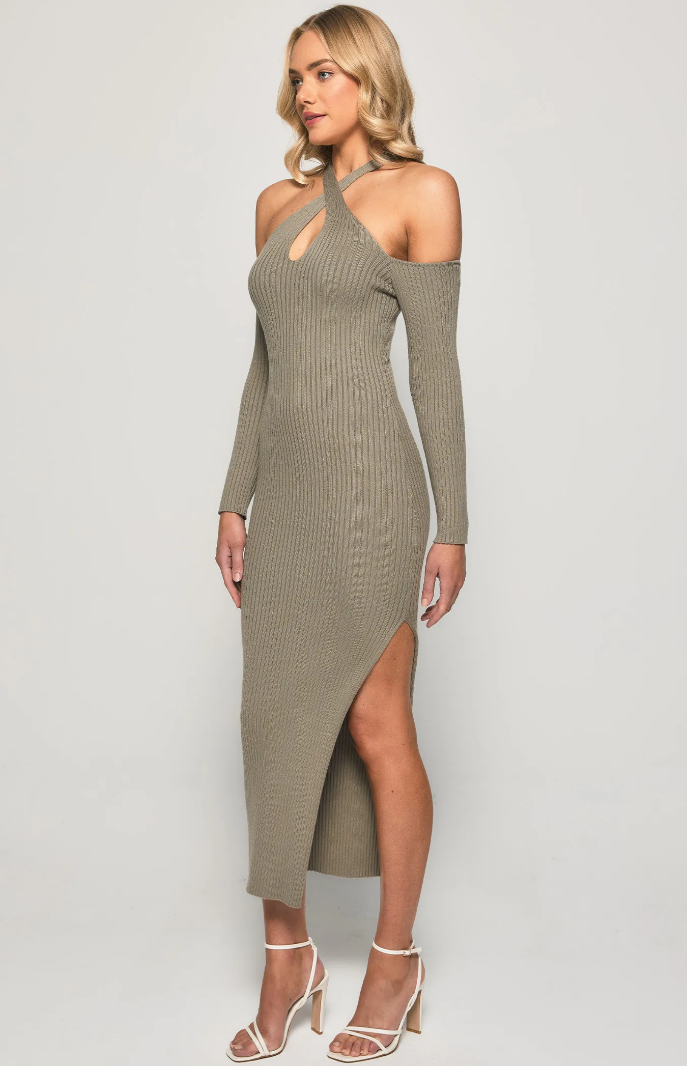 Shoulder Cut Out Halter Knit Midi Dress (SKN613)