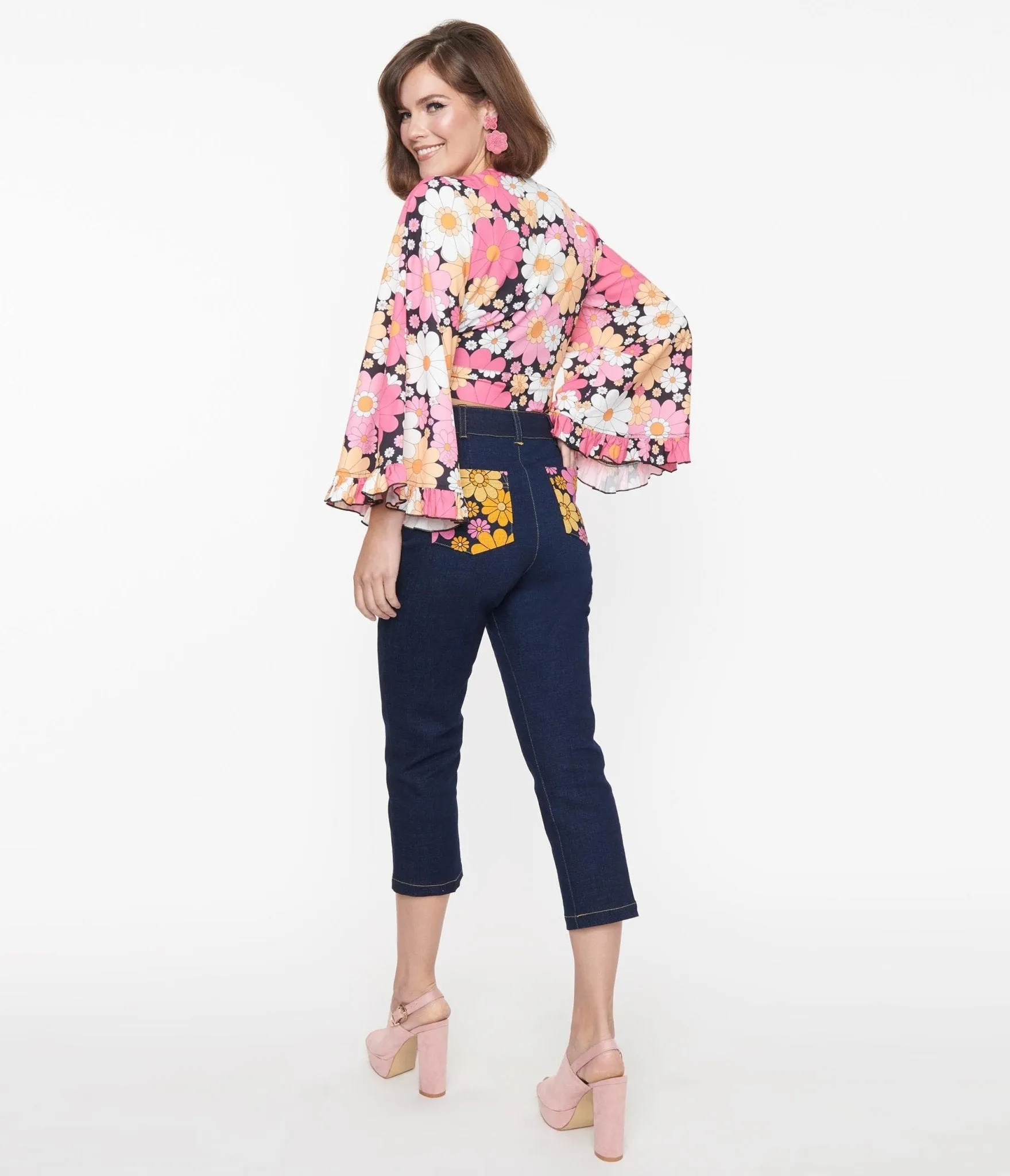 Smak Parlour Dark Blue Floral Denim Capris with Pockets