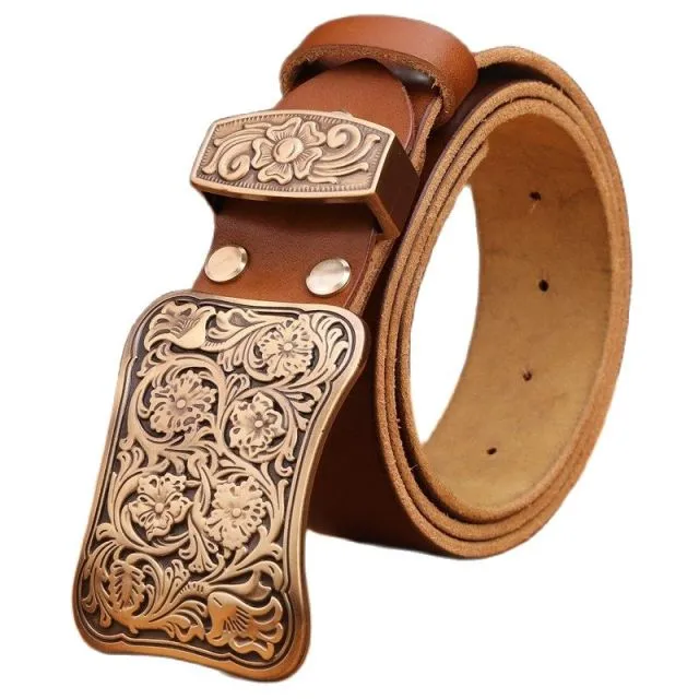 Solid brass flower buckle belts - brown black, men's and women's luxury full grain cowhide leather, high quality vintage gold wa