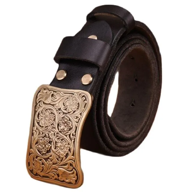 Solid brass flower buckle belts - brown black, men's and women's luxury full grain cowhide leather, high quality vintage gold wa