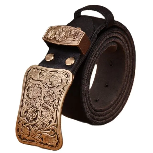 Solid brass flower buckle belts - brown black, men's and women's luxury full grain cowhide leather, high quality vintage gold wa