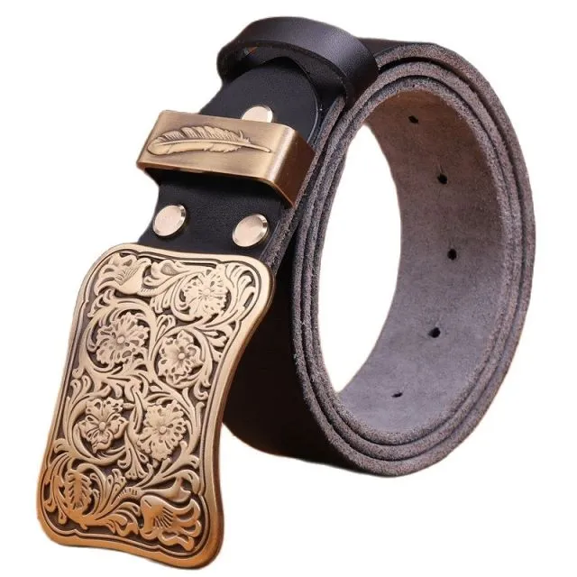 Solid brass flower buckle belts - brown black, men's and women's luxury full grain cowhide leather, high quality vintage gold wa