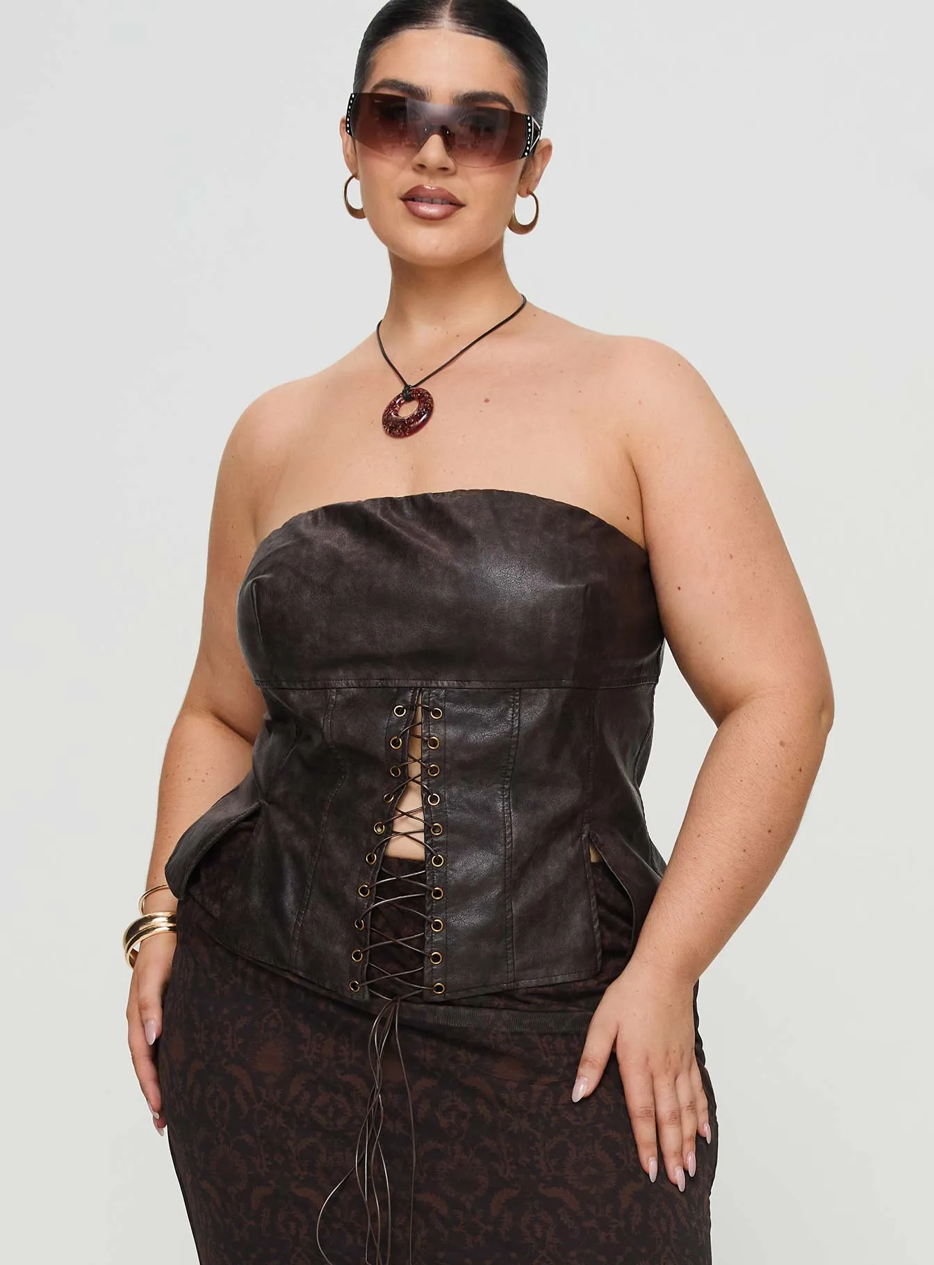 Strapless Faux Leather Top Brown