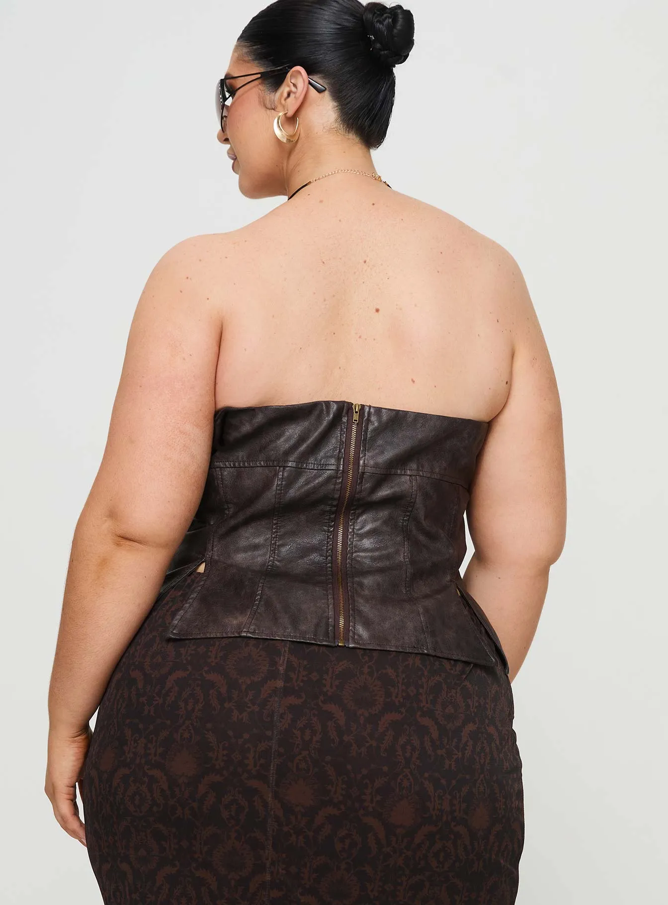 Strapless Faux Leather Top Brown